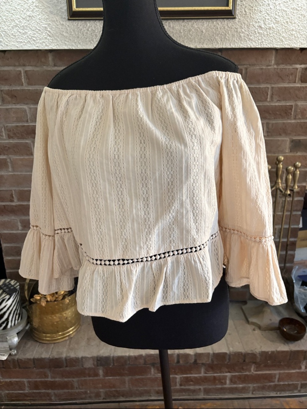Off-Shoulder Cream Lace-Trim Blouse